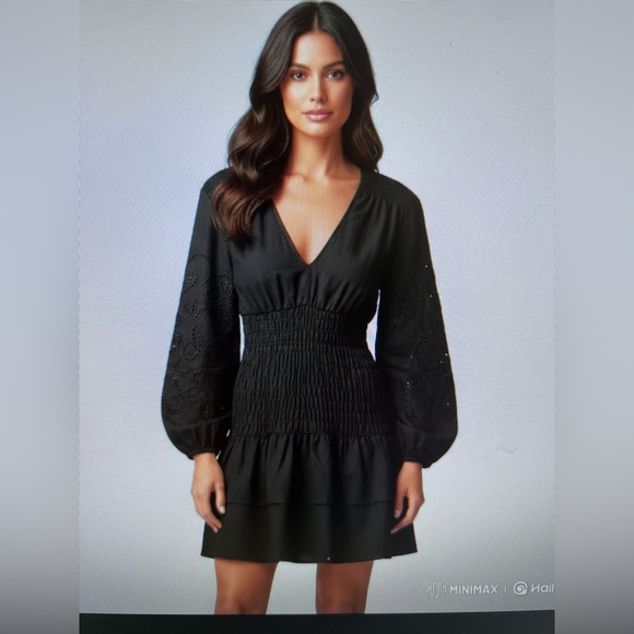 NEW! cotton linen smocked mini dress embroidered cut out arms XS - Picture 12 of 12